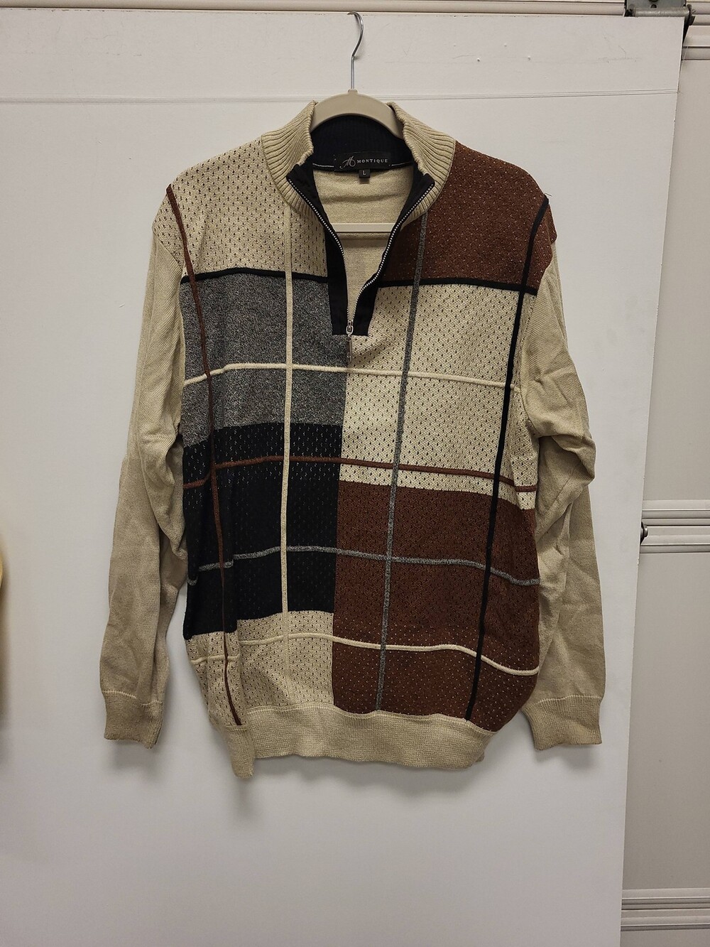 Montique Mens L Sweater Quarter Zip Beige Brown Black Knit Pullover Top